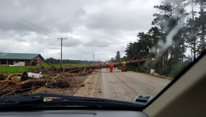 Storm aftermath: workers clearing a massive fallen tree blocking a rural road under gray skies