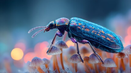 Fototapeta premium Detailed Macro Photo of Iridescent Blue and Orange Beetle on Small Mushrooms with Colorful Bokeh Background