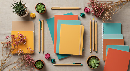 Overhead shot of colorful notebooks, pens, pencils, and small potted plants arranged on a neutral surface, suggesting a creative workspace or stationery collection.