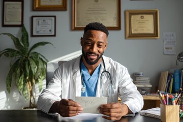 smiling doctor sitting at desk with diploma wall and stethoscope looking at camera concept of healthcare professional medical consultation doctors day celebration and trust in physician copyspace