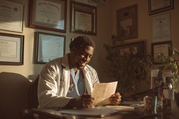 smiling doctor sitting at desk with diploma wall and stethoscope looking at camera concept of healthcare professional medical consultation doctors day celebration and trust in physician copyspace