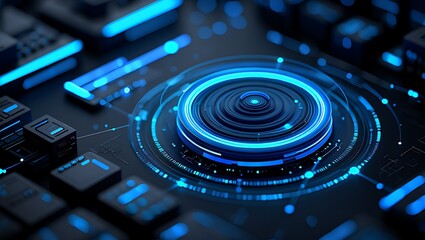 Futuristic blue glowing digital interface on a keyboard