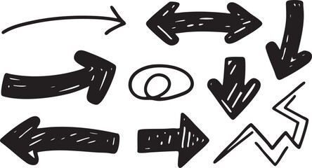 Vector art of set of black brush stroke arrows and check marks isolated on white background