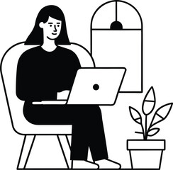 Young Woman Working from Home with Laptop in Cozy Interior &ndash; Flat Design Vector Illustration