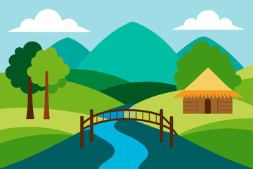 Fototapeta premium Peaceful countryside landscape with a wooden bridge over a river and a small hut