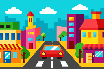 A vibrant flat design illustration of a red car driving down a street lined with colorful buildings and trees under a bright blue sky with clouds