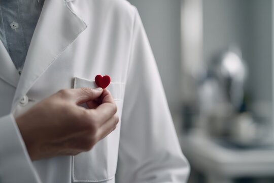 close up of male doctor gently holding red heart on lab coat with stethoscope concept of empathy care appreciation and compassion in healthcare support for doctors day or medical celebration