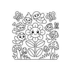 Obraz premium Adorable Kawaii Garden Line Art Coloring Page Featuring Flower, Butterflies, Mushrooms, and Berries