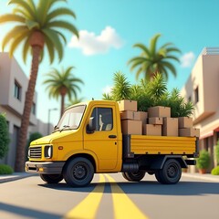 Fototapeta premium Yellow Delivery Truck with Packages in a Tropical City Setting 
