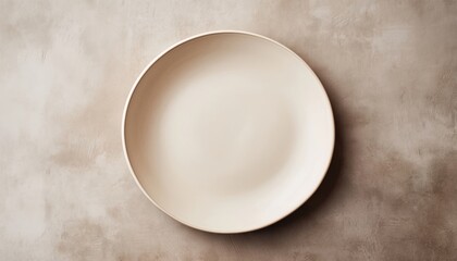 Handmade Ceramic Dish Plate In Beige Sand Grain With A Trendy Circle Design, Featuring White Stoneware Plate In Top View.