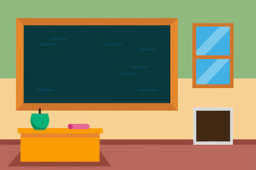 A simple flat illustration of a classroom with a blackboard desk apple chalk and window