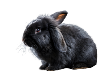 Fluffy black lop eared rabbit with dark fur isolated on a transparent background image