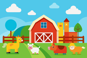 Charming cartoon farm scene with a red barn colorful animals and a bright blue sky