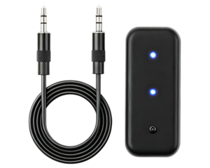 Wireless audio receiver and transmitter with aux cable on a transparent background