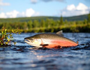 Salmon leaping in a river