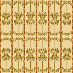 This is an elegant and classic seamless pattern designed in a traditional Damask or Baroque style. Set against a soft beige background, the overall design evokes a sense of luxury, vintage charm 