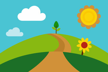 Fototapeta premium A charming cartoon landscape featuring a winding dirt path leading up a green hill under a bright blue sky with fluffy white clouds and a smiling sun