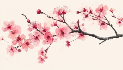 Fototapeta premium Vintage Art Print Of Japanese Plum Blossom: Elegant Pink Floral Element In Old Botanical Painting Depicting Pink Plum Flower.