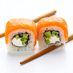 Salmon sushi rolls on white background