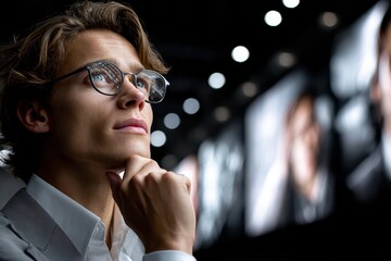 Young man in glasses contemplating in a modern setting with digital displays in the background