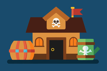 Cartoon pirate house with skull and crossbones flag barrel and poison warning sign