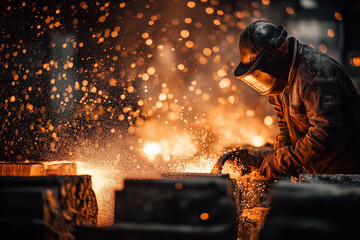 Industrial foundry worker wearing protective gear, pouring molten metal into molds, sparks flying, intense heat glow