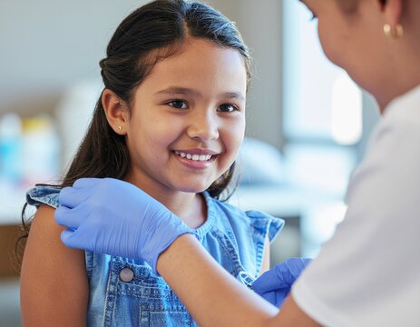 Smiling child receives vaccination at clinic, healthcare worker in gloves giving a shot