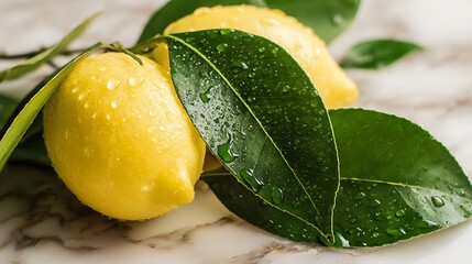 Lemon for Green Cleaning: Natural Household Products and Eco-Friendly Living featuring Fresh lemon with green leaves on marble surface and digital content creation