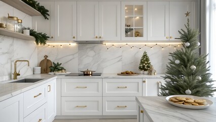 Fototapeta premium Elegant Festive Kitchen with Marble Backsplash and Holiday Lights