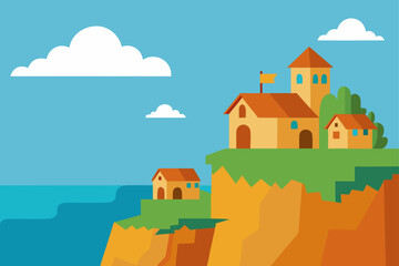 Charming coastal village with houses perched on cliffs overlooking the blue ocean and sky