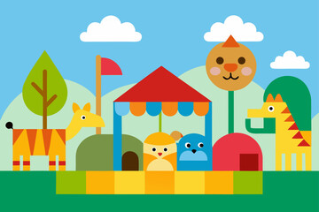 Whimsical flat design amusement park scene with cartoon animals and colorful structures under a blue sky