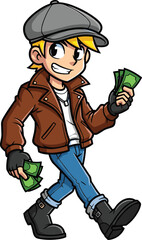 Cartoon character in leather jacket, blue jeans, dynamic pose, yellow hair, green gloves, action-ready, stylish, attitude, chain detail, boots