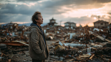 Fototapeta premium A person looks at a destroyed city.