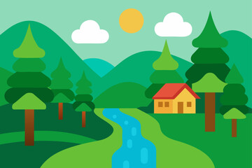 Fototapeta premium A charming yellow house with a red roof nestled in a lush green forest beside a winding blue river under a sunny sky with clouds