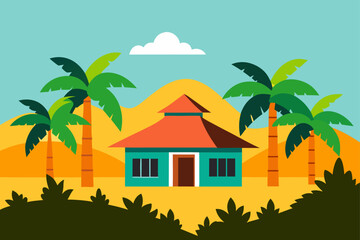 Obraz premium Vibrant tropical landscape with a teal house and orange roof surrounded by palm trees and rolling hills
