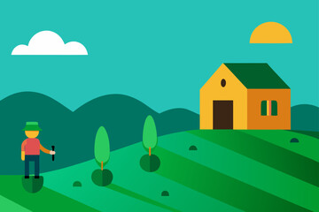 Fototapeta premium Stylized illustration of a farmer standing in a green field with a house and sun in the background