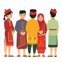 A diverse group of men and women wearing colorful traditional costumes, representing cultural heritage and community.