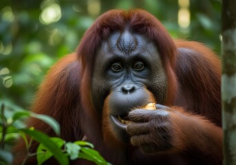 Close up of a Sumatran Orangutans (pongo pygmaeus) is a subspecies of Sumatra, is chewing food in rainforest, Sumatra, Indonesia.
