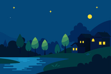 Fototapeta premium Peaceful night scene with glowing houses by a tranquil lake and starry sky