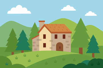 Charming stone cottage nestled amongst rolling green hills and evergreen trees under a blue sky