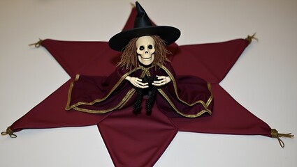 A cute cartoon Halloween witch in a black dress and hat is holding a pumpkin and flying on her magic broom