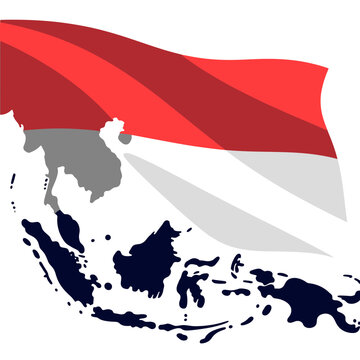 Vector illustration of the Indonesian national flag waving over a detailed map of the archipelago, symbolizing national pride.