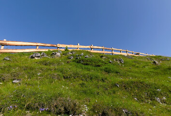 Obraz premium scenic view of wooden fence on a mountain meadow
