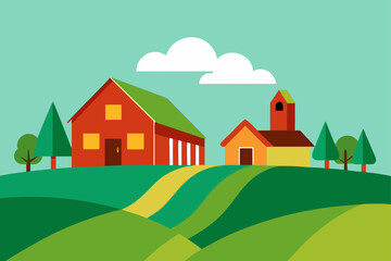 Stylized flat illustration of a rural landscape with a red barn and a small yellow house under a blue sky with clouds
