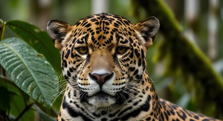 Obraz premium Close up of a Jaguar (Panthera onca) in natural habitat, Amazon rainforest, Loreto, Peru. 