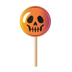 A candy stick with a skull on it. The skull is orange and black