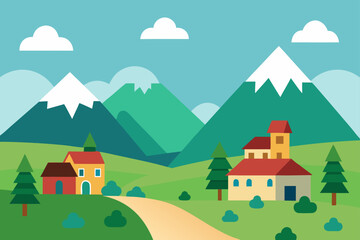 Charming village nestled in a lush green valley with snow capped mountains and fluffy clouds above