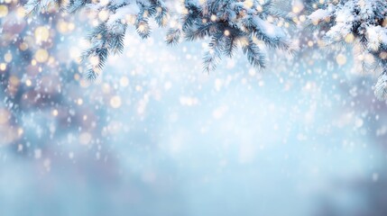Festive Winter Scene with Snow-Covered Pine Branches and Soft Bokeh Lights