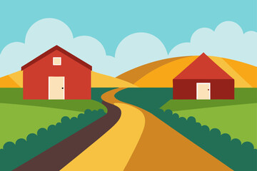 Scenic rural landscape with a winding road leading between two red barns under a bright blue sky