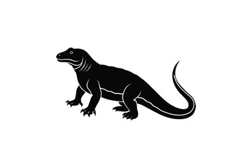 Obraz premium Komodo Dragon Illustration in Black Silhouette Style on White Background Featuring Detailed Tail and Claw Design Silhouette